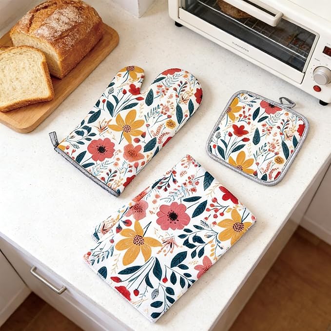 3 Pcs Kitchen Stuff, Wild Floral Kitchen Oven Mitts and Pot Holders Sets