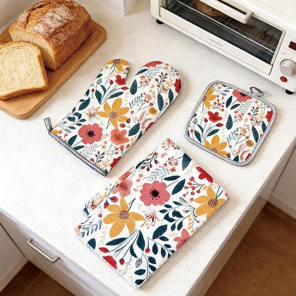 3 Pcs Kitchen Stuff, Wild Floral Kitchen Oven Mitts and Pot Holders Sets