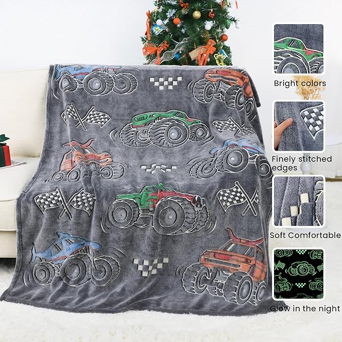 Kids Boys Truck Toys Car Blanket Gifts - Glow in The Dark Fleece Throw Blanket for Couch Bed Sofa Room Decor Birthday Christmas Easter 50" x 60"