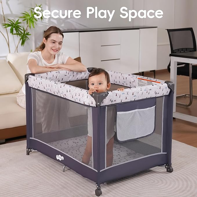 Pamo Babe Portable Playard,Sturdy Play Yard with Padded Mat and Toy bar with Soft Toys