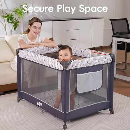 Pamo Babe Portable Playard,Sturdy Play Yard with Padded Mat and Toy bar with Soft Toys