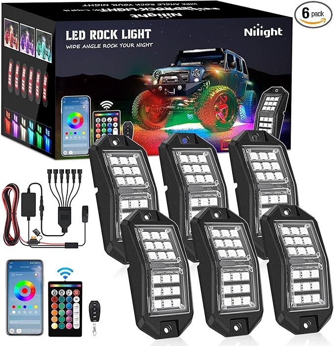 Nilight RGB LED Rock Lights Kit 6 PCS 18LED Wide Angle Wheel Well Light with Remote & Bluetooth App Dual Control Multi Modes Underglow Multicolor Neon Pod for ATV UTV SUV Offroad Truck RZR Boat