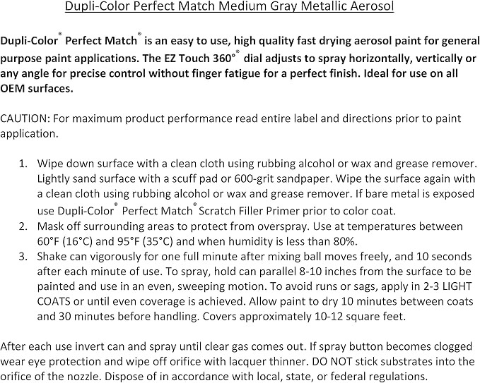 Dupli-Color Perfect Match Premium Automotive Paint, Medium Gray (M), 8 oz