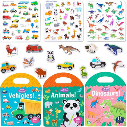 3 Pack Jelly Reusable Sticker Books for Toddlers 1-3 2-4 Years, Portable Travel Toys Sticker Activity Book for Kids 2 3 4 Year Old Girls Boys, Animal Dinosaur Vehicle Car