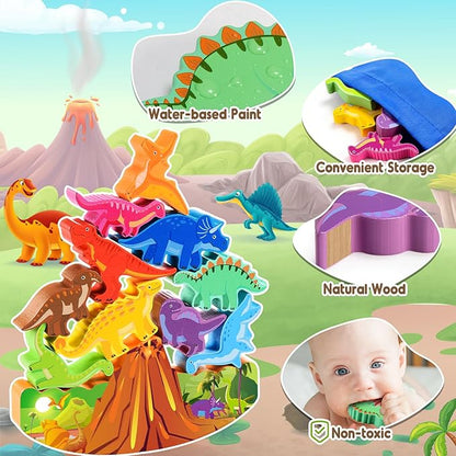 Dinosaur Toys for Kids 3-7 Kid Wooden Stacking Blocks Montessori Toy for 3 4 5 6 7 8 Year Old Boys Girls Christmas Birthday Gifts Toddler Balance Game Ages 3-5 Toys for Boy Girl Age 5-7
