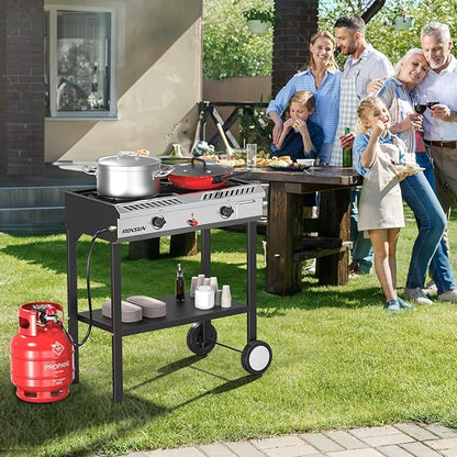 ROVSUN 2 Burner Outdoor Propane Gas Stove with Auto-ignition, Regulator & Shelf, 150,000 BTU Powerful Stand Cooker for Backyard Patio Cooking Home Brewing Canning Turkey Frying