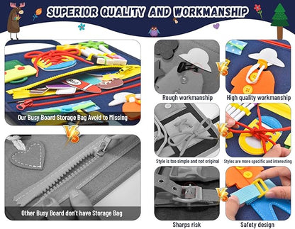 16 Pages Busy Board for Toddlers 1-3,Montessori Travel Toy for Plane/Car,Educational Sensory Toy for Toddlers 2-4,Preschool Activities Board for Developing Fine Motor Skills,Gift for Boys/Girls