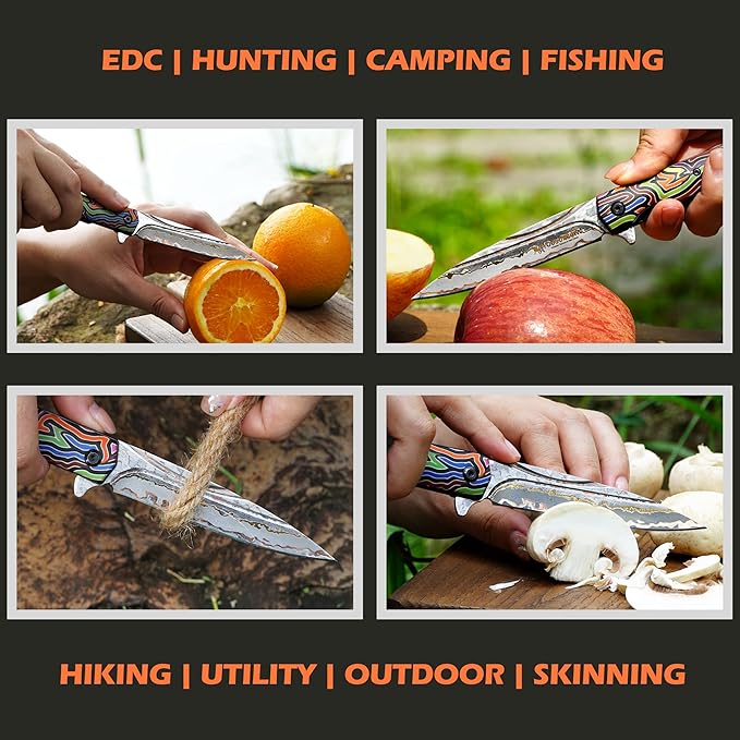 YOUSUNLONG Folding Knife Camping Knife - CuMai Damascus Steel Blade - Multicolored G10 Handle Cover