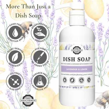 Rustic Strength Natural Dish Soap, Lavender & Lemon Scent, 16 fl oz | Plant-Based Formula, Cuts Grease, No Harsh Residue, Streak Free Clean Rinsing