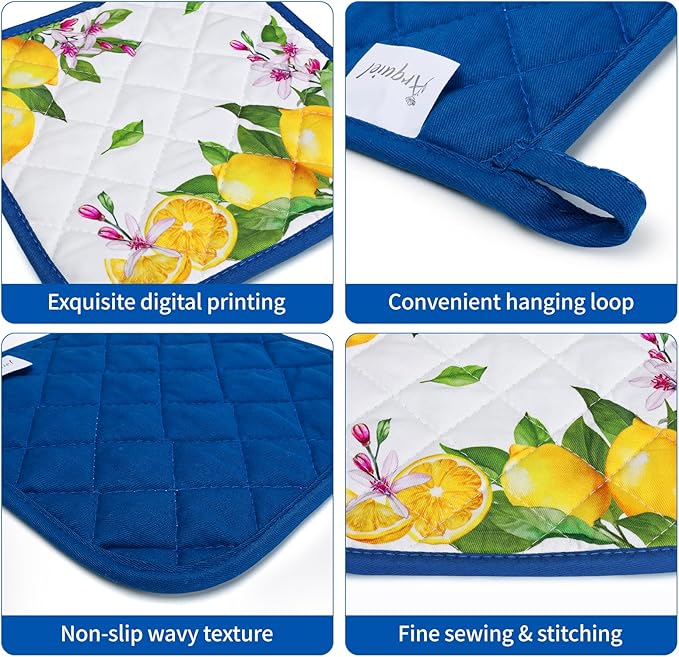 Summer Lemon Oven Mitts and Pot Holders Sets 4Pcs, 100% Cotton Heat Resistant