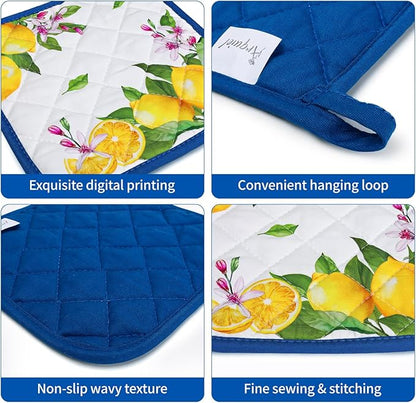 Summer Lemon Oven Mitts and Pot Holders Sets 4Pcs, 100% Cotton Heat Resistant