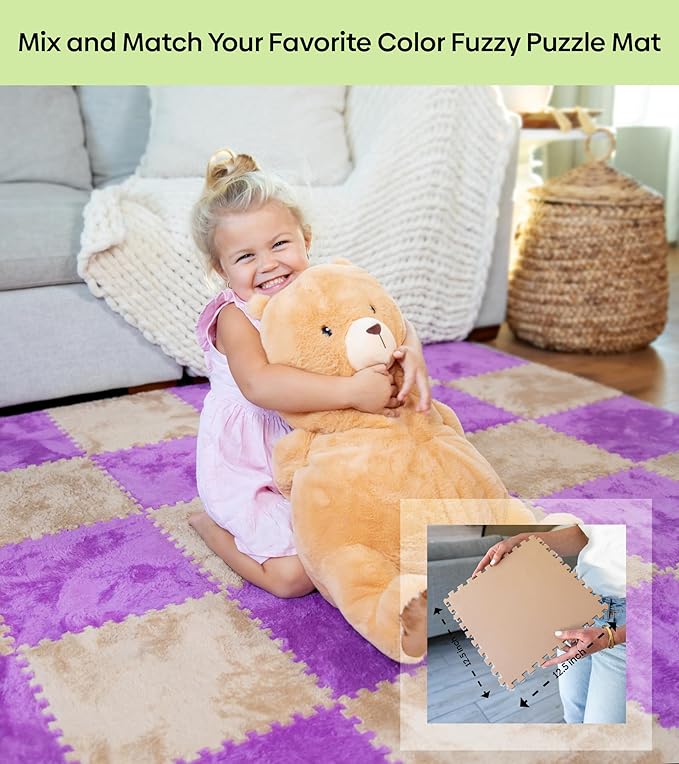 16 Piece Carpet Squares Puzzle Mat 49" x 49" Plush Interlocking Carpet Tiles, Foam Floor Tiles for Baby Play Mat - Kids Soft Play Floor Mats, Anti Slip Jigsaw Flooring Playmat Playroom Rug (Purple)