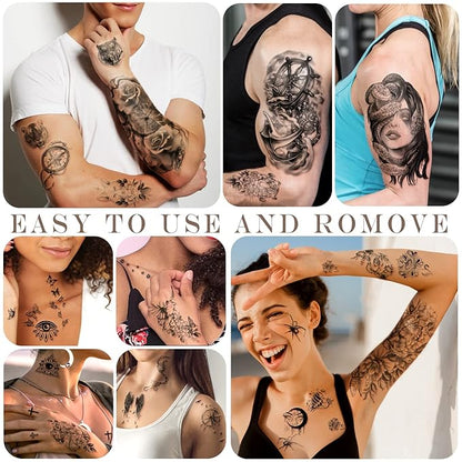 77 Sheets Temporary Tattoo, Half Arm Realistic Lion Wolf Owl Elk Snake Butterfly Rose Fake Tattoos for Girls Boys, Waterproof Temporary Tattoos for Women Men Adults Chest Shoulder Neck Hand