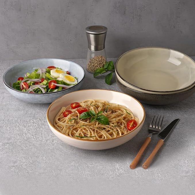 famiware Tempus 8.6'' Pasta Bowls Set of 4, 40 oz Bowls for Kitchen, Stoneware Deep Serving Bowls, Dishwasher & Microwave Safe Bowls for Cereal, Salad, Soup, Dessert etc - Antique White