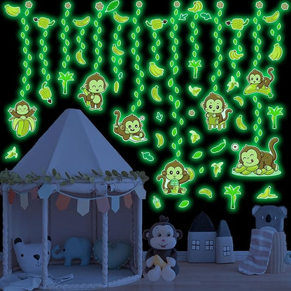 Glow in The Dark Cute Monkeys and Bananas Wall Decals, Animal Stickers for Baby Girls Boys Room, Luminous Ceiling Decor for Bedroom Playroom Nursery