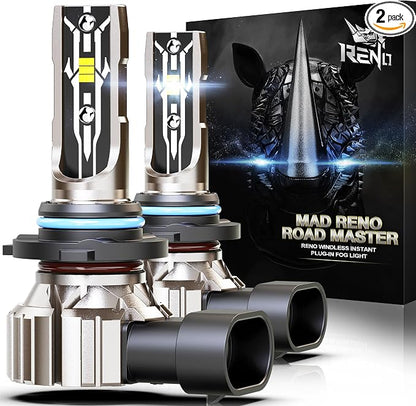 RENO 9006 Bulb, 9006 Fog Bulbs 6500K White Fanless In Line HB4 9006 Off-Road Use or Fog Plug N Play, Pack of 2