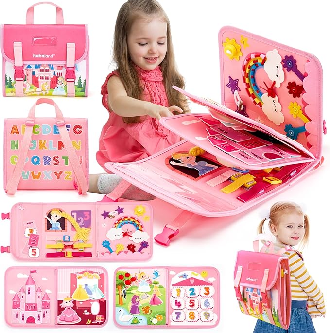 hahaland Montessori Toys for Baby Girls, Busy Board Girl Birthday Gift 17 in 1 Preschool Learning Activities with 12 Life Skill, Number,Shape,Dressup,Animal,Figures,Baby Girl Easter Gifts