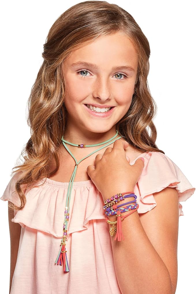 Make It Real: Gold-Link Suede Bracelets Kit - Create 6 Unique Cord & Tassel Charm Bracelets, 105 Pieces, Includes Play Tray, DIY Link & Bead Jewelry Kit, Tweens & Girls, Arts & Crafts, Kids Ages 8+