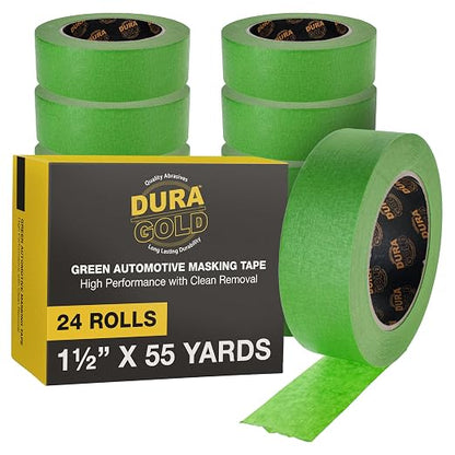 Dura-Gold Green Automotive Masking Tape 1-1/2 Inch (1.41 Inch x 55 Yards), Case of 24 Rolls - Premium High-Performance, Heat Resistant - Auto Refinish Painting, Car Detailing, Autobody, Painters Tape