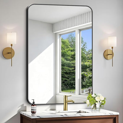Black Bathroom Mirror, 28x42 inch Aluminum Metal Frame Rectangular Vanity Mirror