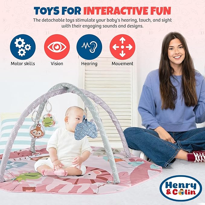 Henry & Colin Baby Activity Play Gym Mat with Hanging Toys, Soft Padded Mat, Sensory Development Play Area for Newborns and Infants, Convertible Play Center for Tummy Time and Fun Learning (Pink)