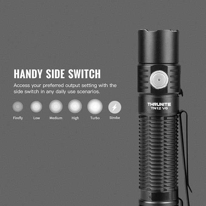 ThruNite TN12 V6 Tactical LED Flashlight, High 1950 Lumens Dual Switch, USB-C Rechargeable Flashlight Compact for EDC, Law Enforcement, and Outdoor Use (Cool White)