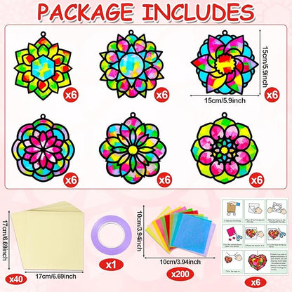 Qyeahkj 36 Set Mandala Suncatchers Crafts for Kids DIY Mandala Window Tissue Paper Craft Kit Art Flower Hanging Decor for Summer School Home Activity Art Project Birthday Party Favor Gift
