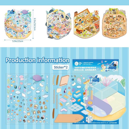 Girls 3D Miniature Scene Stickers, 4 Sets World Adventure DIY House Stickers for Space, Caves, Farms, Underwater World, Cute 3D Cartoon Sticker Scenes for Adult Kids Relief Stress Pass The Time