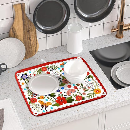 Flowers Printed Dish Drying Mat Floral Coffee Mat