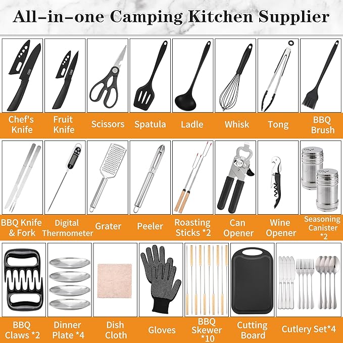 Camping Essentials Cookware Cooking Utensils Set - Portable Camp Kitchen Mess Kit Outdoor Accessories, Stainless Steel & Silicone, Camping Gear Equipment for RV Picnic Grill