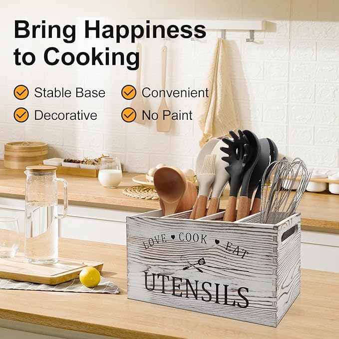 Rustic White Wooden Utensil Holder