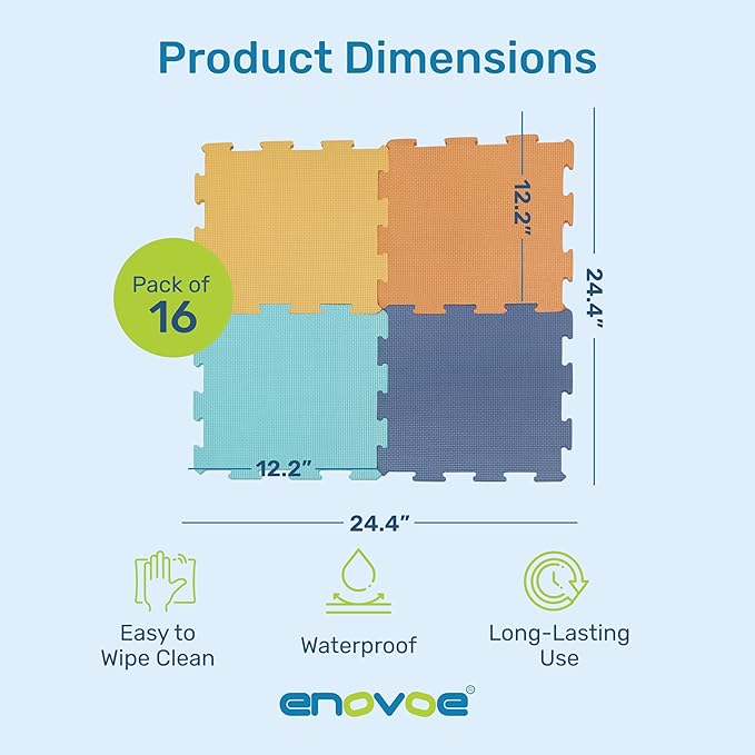 Enovoe Baby Play Mat for Floor - Non-Toxic, Interlocking EVA Foam Mats -16 Pcs - Cushioned Foam Puzzle Floor Mat for Kids & Infants - Ideal for Playrooms, Nurseries, and Home Gyms (12" x 12")