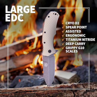 Off-Grid Knives - Rapid Fire Stinger, Assisted Spear Point Blade, Hard Use Build, Tactical, Camping & Survival EDC, Cryo D2 Steel, G10 Scales, Deep Pocket Carry (Coyote)