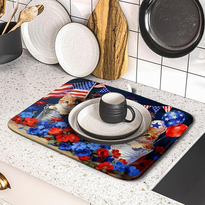 4th of July Dish Drying Mat Patriotic Cats Dish Drying Rack Mat