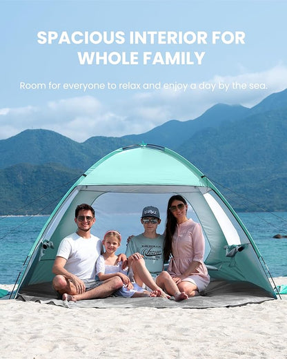 OutdoorMaster Beach Tent for 3/4 Person - Easy Setup Sun Shade Shelter, Portable Beach Shade Sun Canopy with UPF 50+ UV Protection, Removable Skylight Family Size