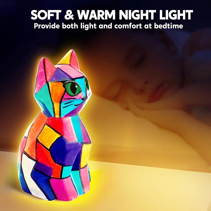 Klever Kits DIY Night Light- Paint Your Own Cat Lamp- Arts & Crafts Kit School Activities Art Supplies Toys Painting Kits, Birthday Gifts for Girls Boys Aged 6+