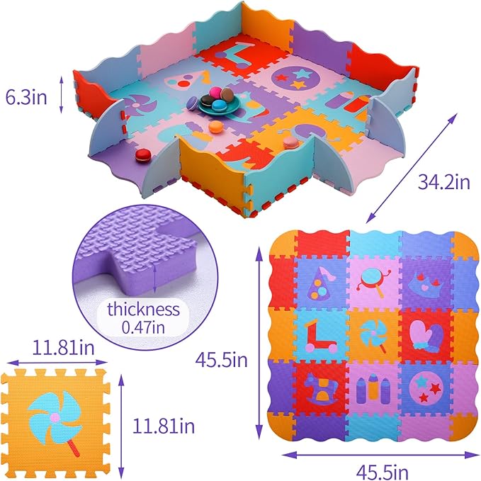 Coolcandy Baby Play Mat, 25Pcs Interlocking Puzzle Floor Mat, with Safety Fence - 0.4" Thick Non-Toxic EVA Foam Play Mat, for Infants & Toddlers 3-36 Months, Soft Puzzle Tiles for Play Areas
