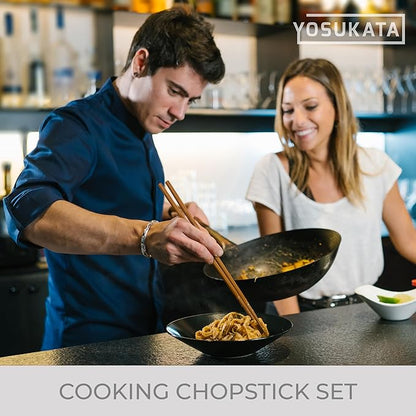 YOSUKATA Reusable Natural Wooden Long Cooking Chopsticks Set of 3 pairs: 11.8 inch, 13-inch, 14.2 inch Brown Long Wok Wooden Chopsticks Reusable