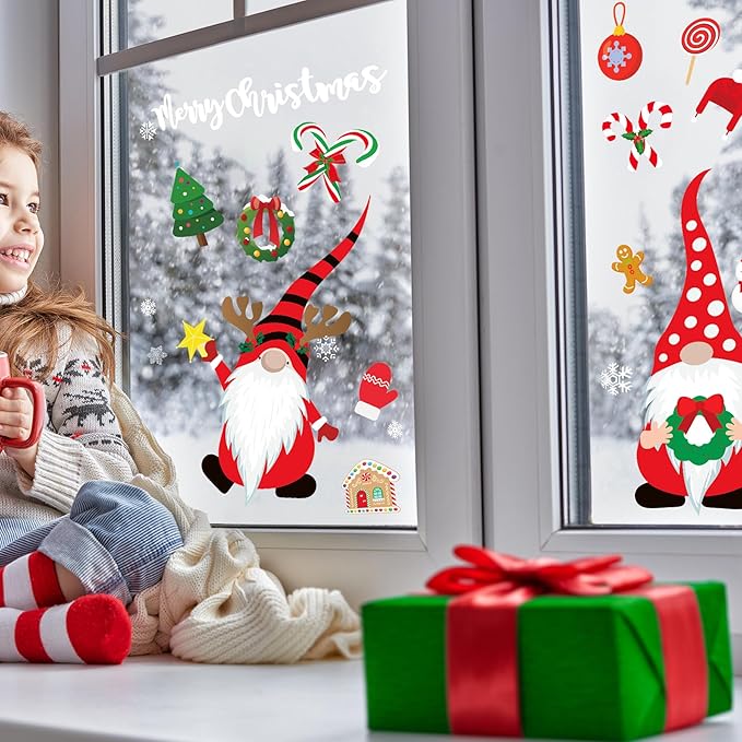 Joy Bang 320 PCS Christmas Window Clings, Christmas Window Stickers Decorations Gnome Snowflake Xmas Decals Decor for Glass Window Home Office Indoor