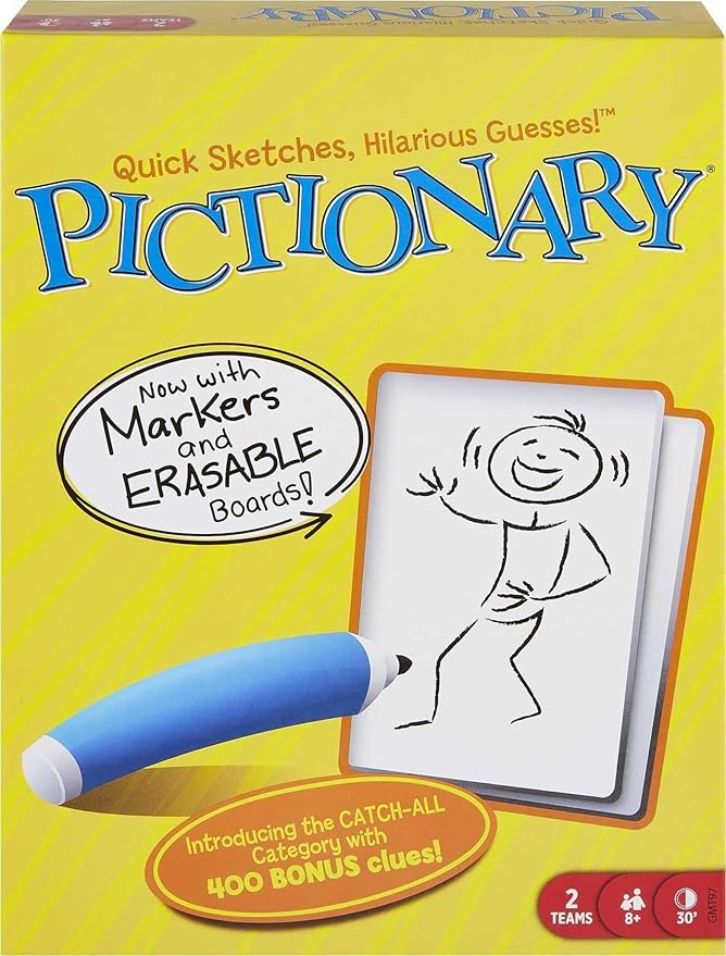 Mattel Games Pictionary Family Board Game for Kids, Adults and Game Night for 2 Teams with Erasable Markers, Boards and Sand Timer