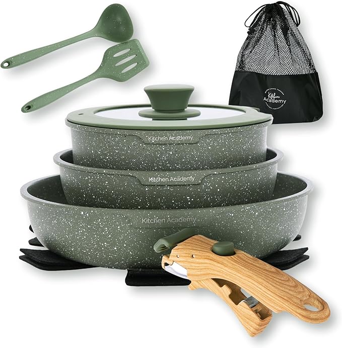 Kitchen Academy Removable Handle Pots and Pans Set - 10 Pieces Green Cookware Set with Removable Handle, RV Induction Cookware Set for Camp