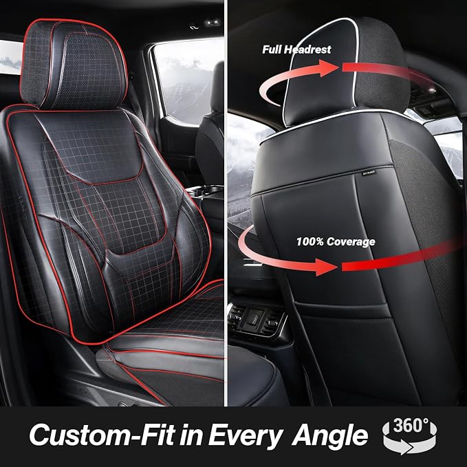 Coverland Custom SUV Car Seat Covers Front Seats for [2014-2025 Infiniti QX35] - Protector Water Resistant Leather Memory Form Back Support Seat Cushion [Front - Black with White Stitching]