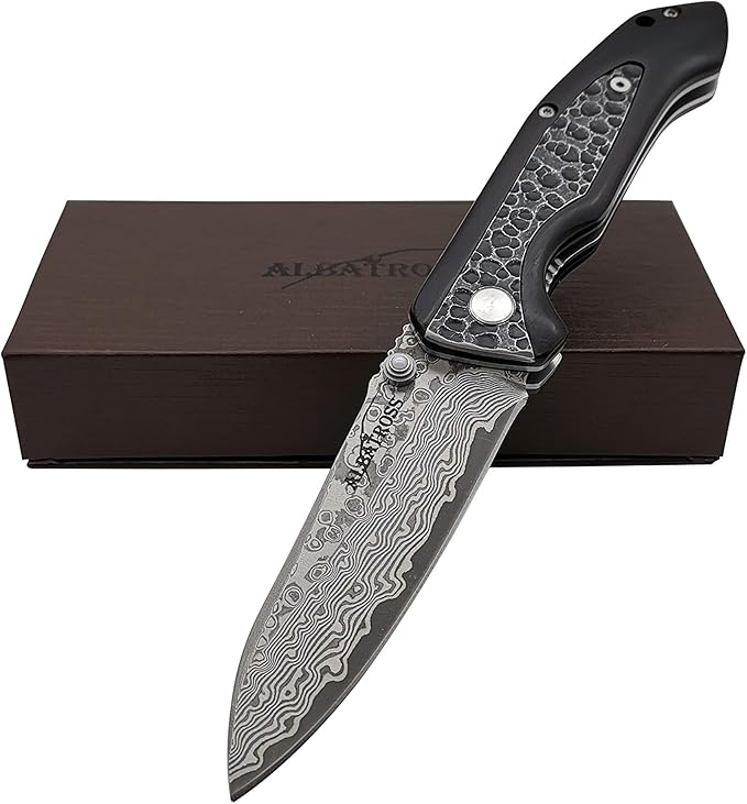 ALBATROSS Premium EDC Pocket Folding Knife with 3.5" Damascus Steel Blade & Ebony Wood Handle, Camping Hunting Knife with Clip, Gift for Men - HGDK011