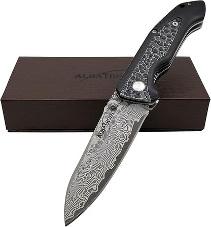 ALBATROSS Premium EDC Pocket Folding Knife with 3.5" Damascus Steel Blade & Ebony Wood Handle, Camping Hunting Knife with Clip, Gift for Men - HGDK011