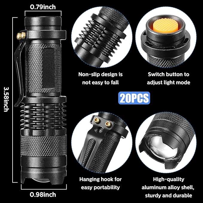 Fumete 20 Pieces LED Flashlight Mini 3 Mode Tactical Torch Small Water Resistant Pocket Flash Light Adjustable Focus Light Pen for Men, Father, Indoor Outdoor Hiking(Black)
