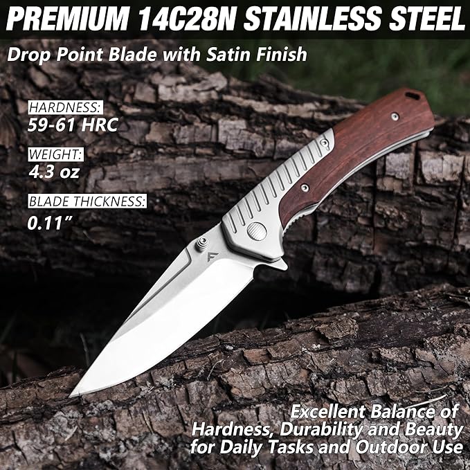 FLISSA Pocket Knife with 3.35" 14C28N Steel Blade, Liner Lock Folding Knife with Wood Handle for EDC, Camping, Hiking, Outdoor Activities, Gift for Men and Women