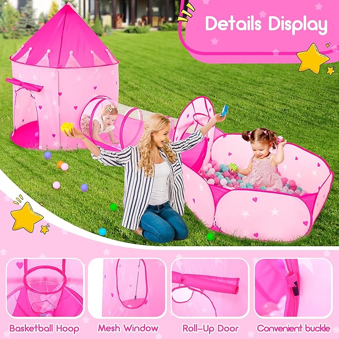 PigPigPen 3pc Kids Play Tent for Girls with Ball Pit, Crawl Tunnel, Princess Tents for Toddlers, Baby Space World Playhouse Toys, Boys Indoor& Outdoor Play House, Perfect Kid’s Gifts