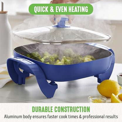 GreenLife 12" 5QT Square Electric Skillet, Glass Vented Lid, Ceramic PFAS-Free