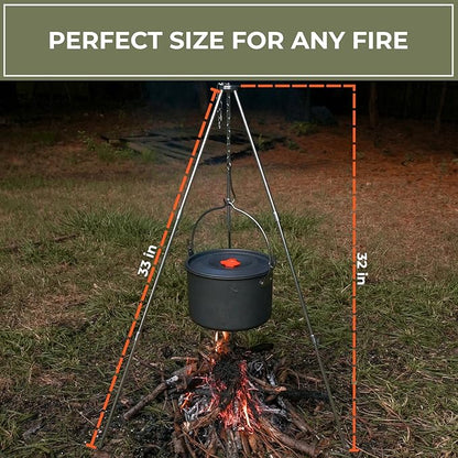 Tactiko Survival Campfire Cooking Tripod ??33" Stainless Steel Folding Stand with Adjustable Chain ??Compact & Lightweight Outdoor Gear for Hanging Kettles, Pots & Percolators ??Carry Bag Included