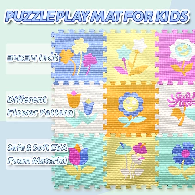 Coolcandy Baby Play Mat Without Fence, 9Pcs Interlocking Puzzle Floor Mat, 0.4" Thick Non-Toxic EVA Foam Play Mat, for Infants & Toddlers 3-36 Months, Soft Puzzle Tiles for Play Areas